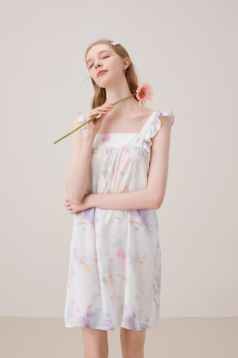 Camisón de Seda Sin Mangas con Bordes Volantes Estampado Pastel