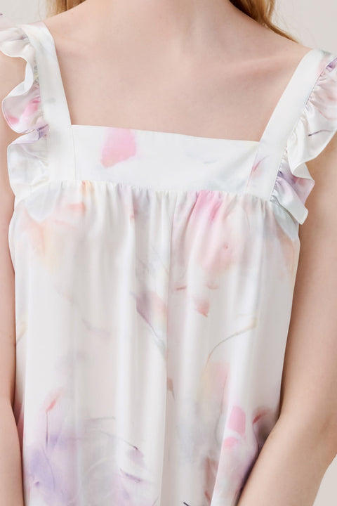 Camisón de Seda Sin Mangas con Bordes Volantes Estampado Pastel