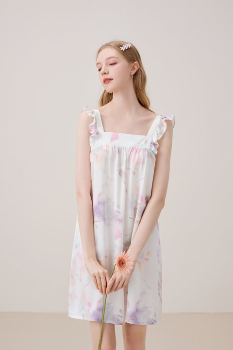 Camisón de Seda Sin Mangas con Bordes Volantes Estampado Pastel
