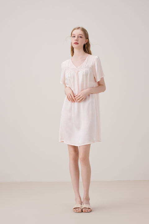 Camisón de Seda Encaje Pechera Escote en V Vainilla Hielo
