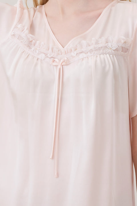 Camisón de Seda Encaje Pechera Escote en V Vainilla Hielo