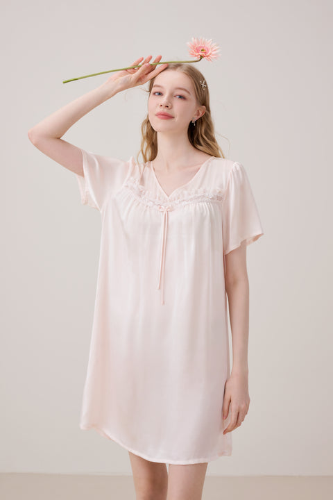 Camisón de Seda Encaje Pechera Escote en V Vainilla Hielo