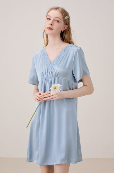 Camisón de Seda Encaje Escote en Pico Azul Nublado
