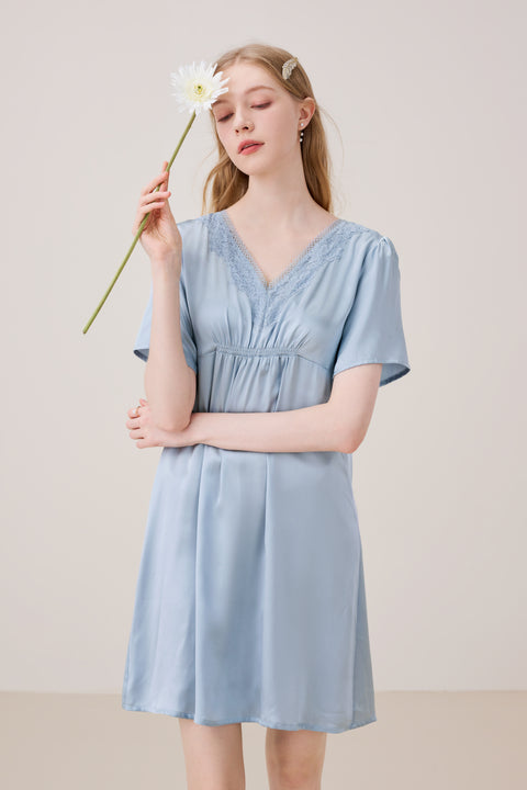 Camisón de Seda Encaje Escote en Pico Azul Nublado