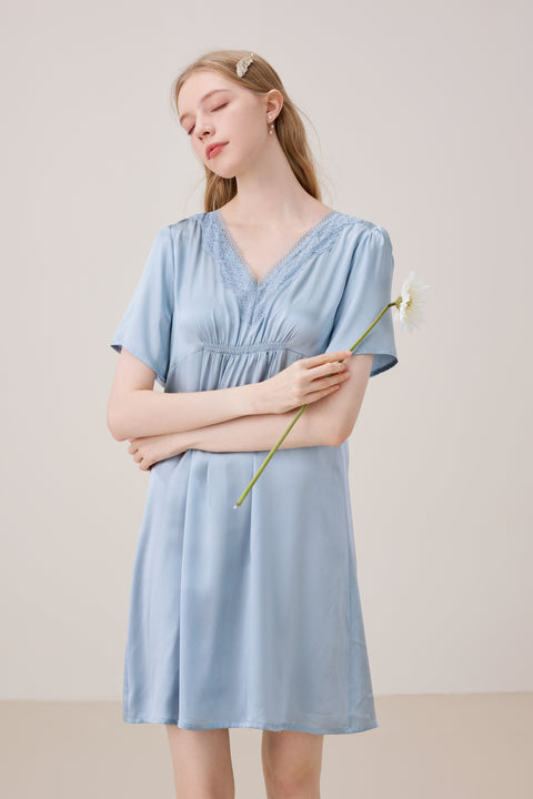 Camisón de Seda Encaje Escote en Pico Azul Nublado