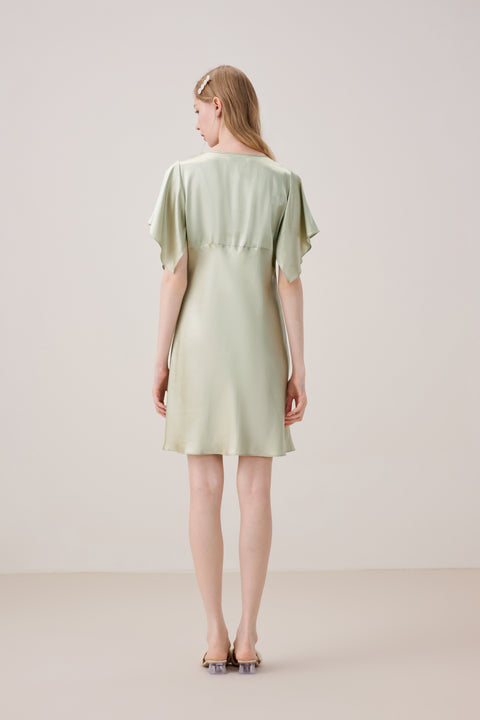 Camisón de Seda Escote en V Manga Tulipán Verde Salvia