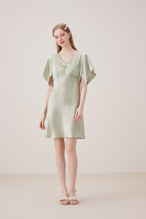 Camisón de Seda Escote en V Manga Tulipán Verde Salvia