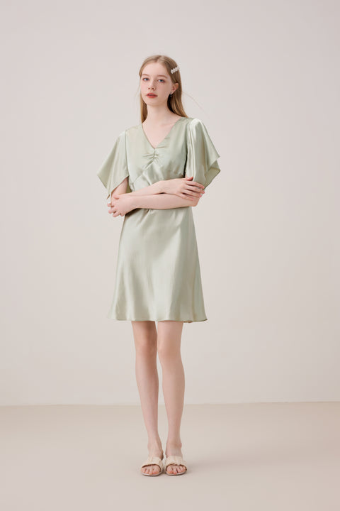 Camisón de Seda Escote en V Manga Tulipán Verde Salvia