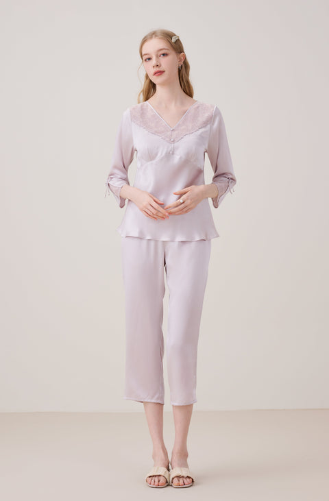 Silk Pajama Set Women Long Sleeved Crop Pants