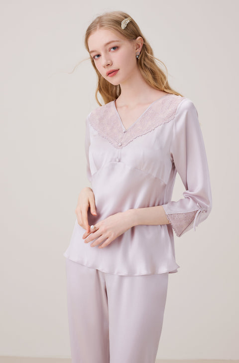 Silk Pajama Set Women Long Sleeved Crop Pants