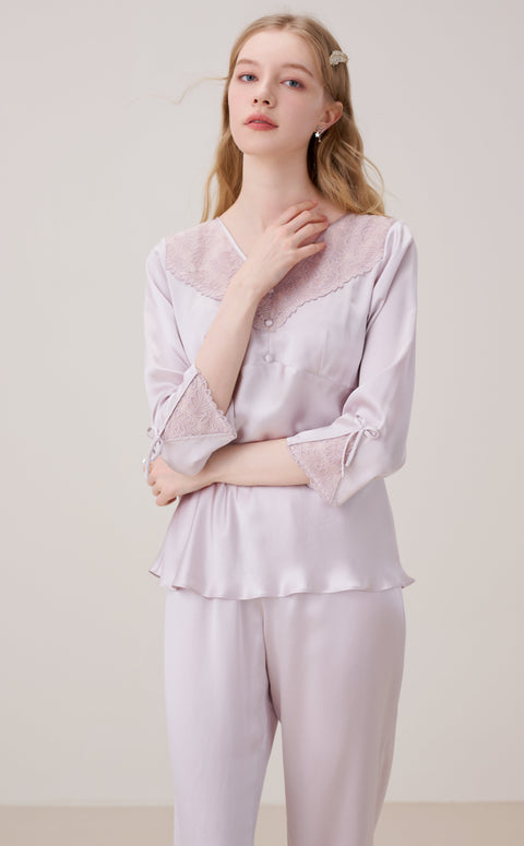 Silk Pajama Set Women Long Sleeved Crop Pants