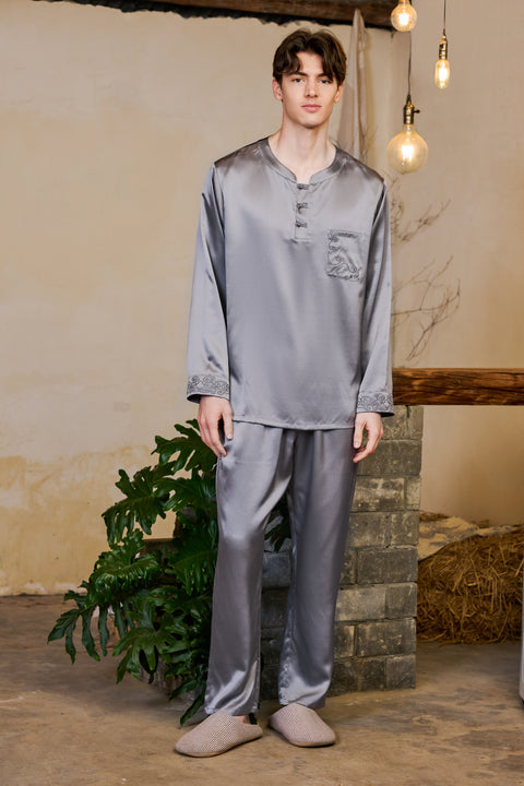 Long-sleeved Silk Pajama Set for Men with Embroidered Cuffs Silk Loungewear