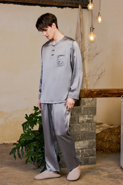 Long-sleeved Silk Pajama Set for Men with Embroidered Cuffs Silk Loungewear
