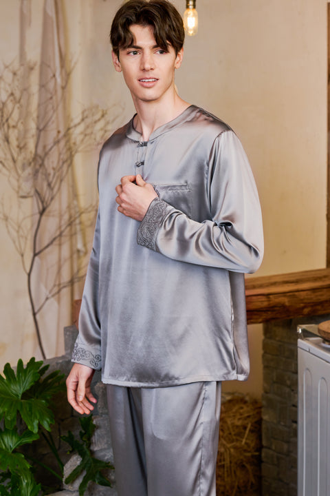 Long-sleeved Silk Pajama Set for Men with Embroidered Cuffs Silk Loungewear