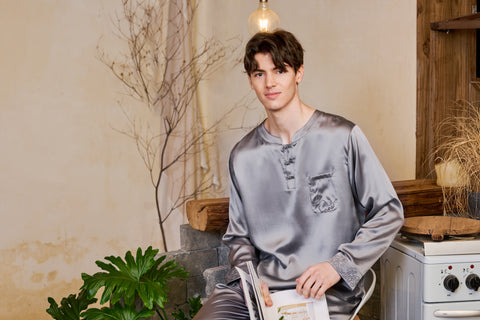 Long-sleeved Silk Pajama Set for Men with Embroidered Cuffs Silk Loungewear