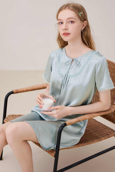 Camisón de Seda Ropa de Dormir Azul Cadete