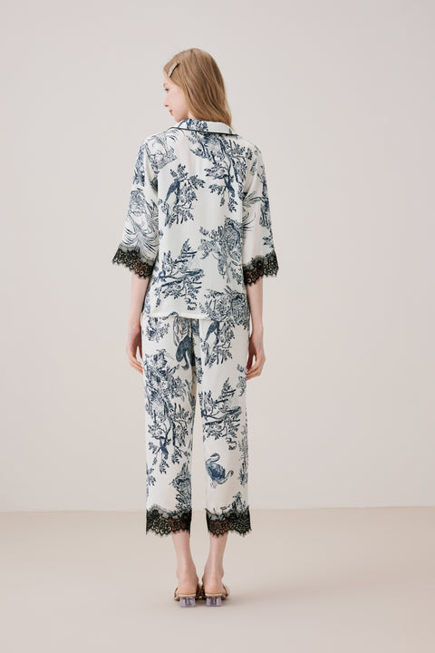 Luxurious Silk Pajamas Set Floral Ink Printing