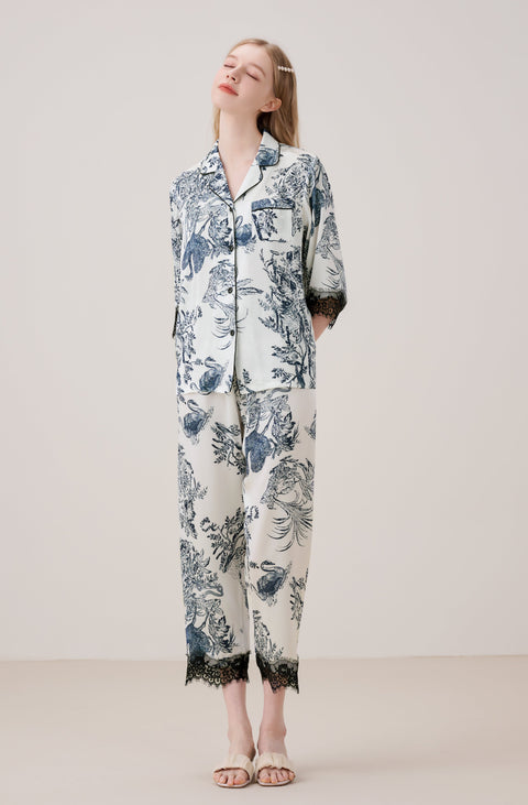 Luxurious Silk Pajamas Set Floral Ink Printing