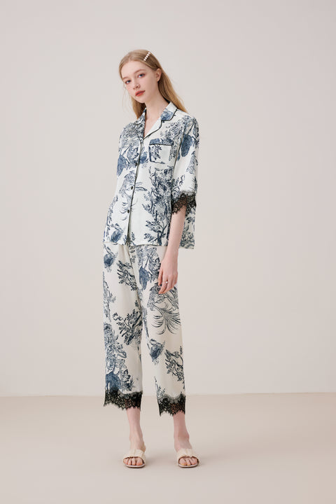 Luxurious Silk Pajamas Set Floral Ink Printing