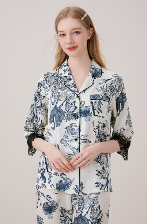 Luxurious Silk Pajamas Set Floral Ink Printing