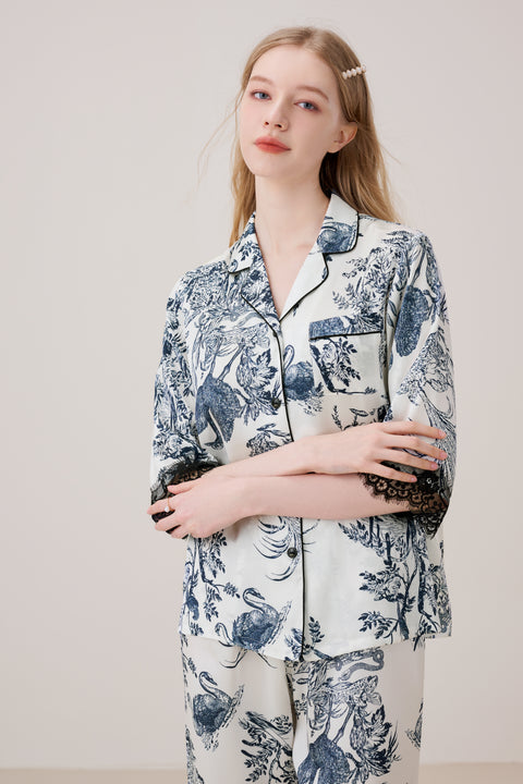 Luxurious Silk Pajamas Set Floral Ink Printing