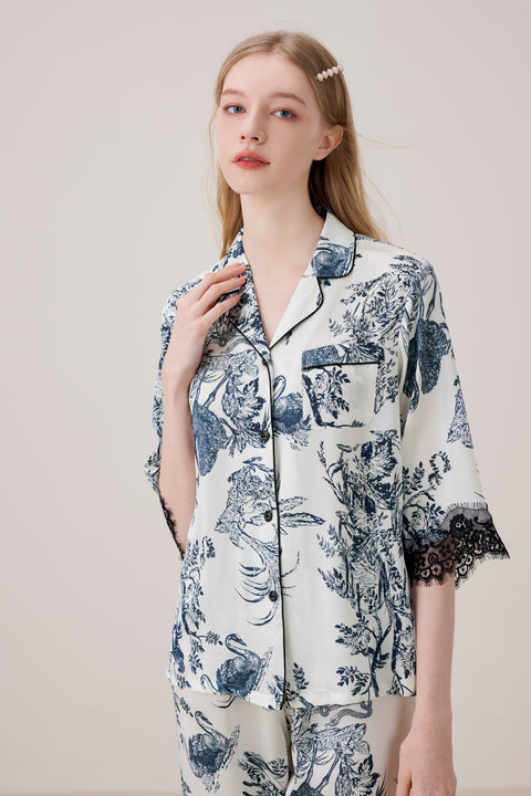 Luxurious Silk Pajamas Set Floral Ink Printing