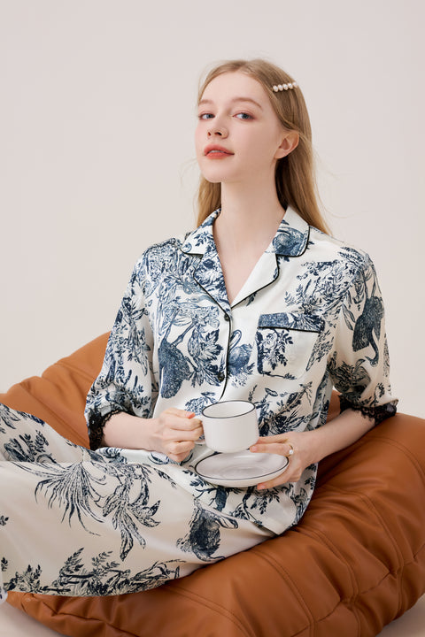 Luxurious Silk Pajamas Set Floral Ink Printing