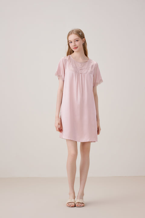 Camisón de Seda Rosa Pastel Manga Corta