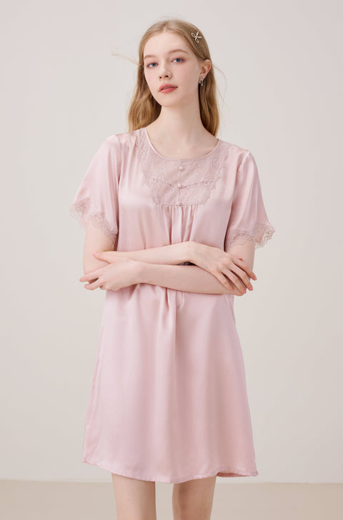 Camisón de Seda Rosa Pastel Manga Corta