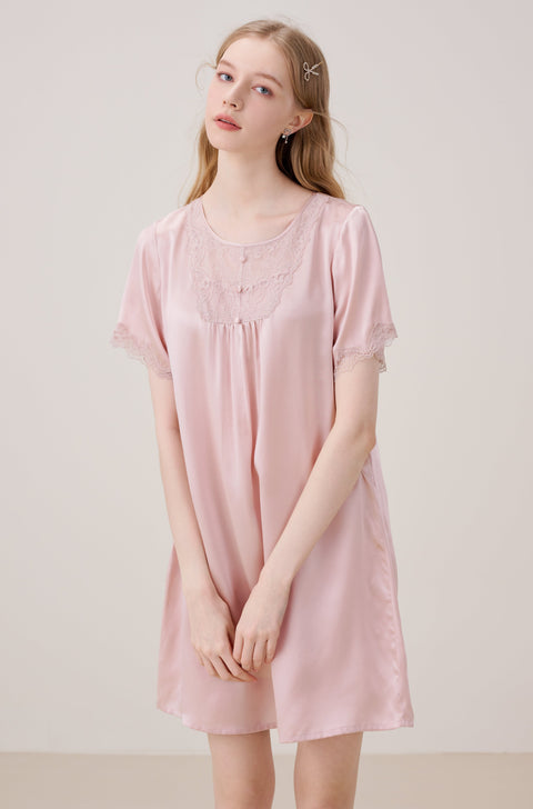 Camisón de Seda Rosa Pastel Manga Corta
