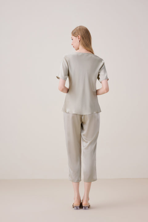Silk Pajama Set Women Pale Silver