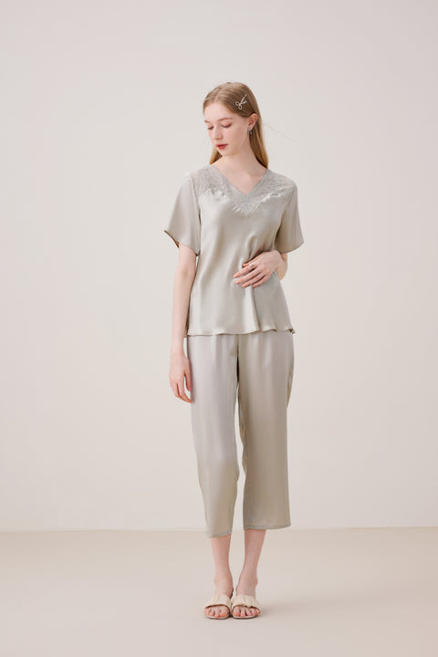 Silk Pajama Set Women Pale Silver