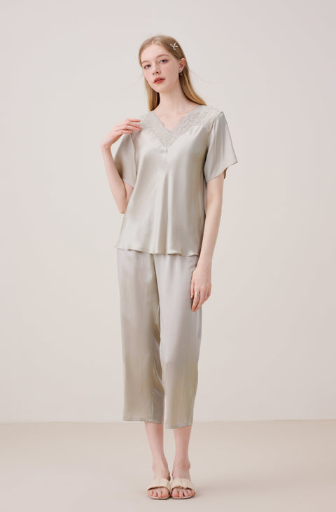 Silk Pajama Set Women Pale Silver