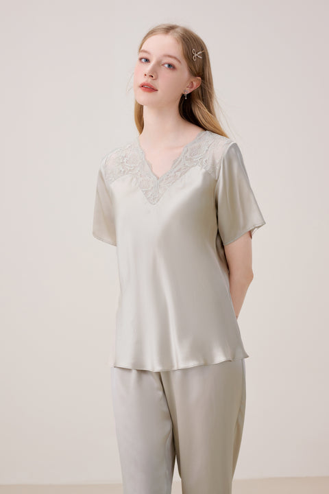 Silk Pajama Set Women Pale Silver