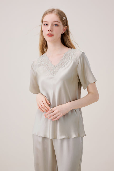 Silk Pajama Set Women Pale Silver