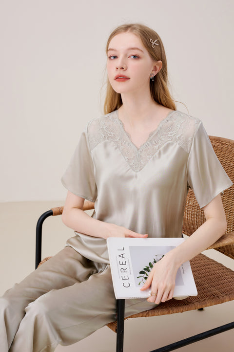 Silk Pajama Set Women Pale Silver