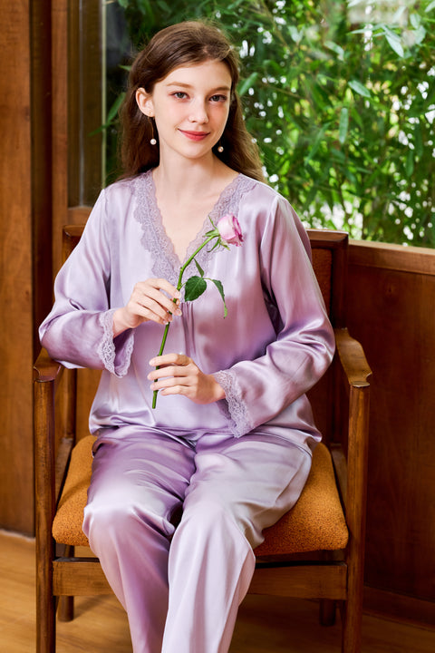 Lavender Pull-On Silk Pajama Set Long Sleeved