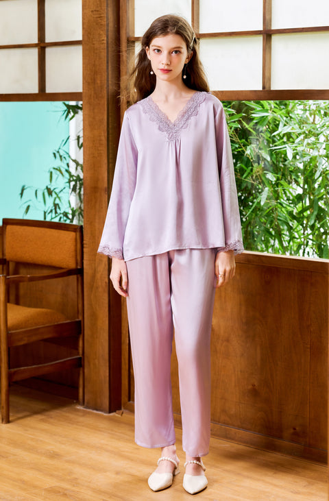 Lavender Pull-On Silk Pajama Set Long Sleeved