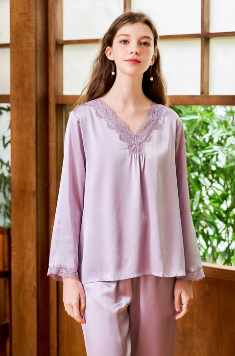 Lavender Pull-On Silk Pajama Set Long Sleeved