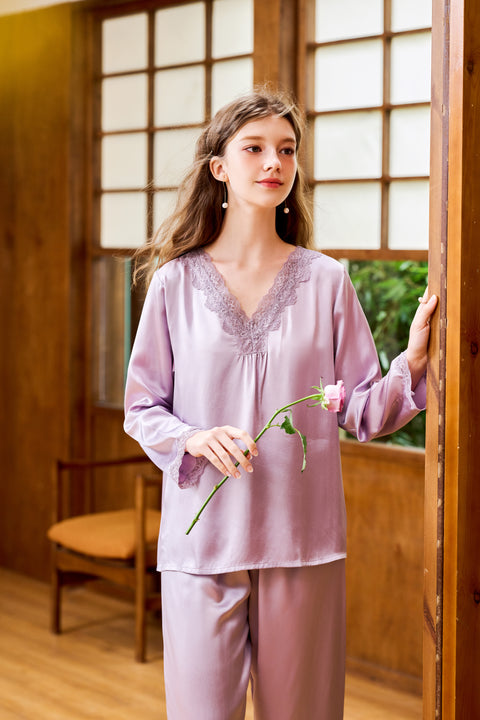 Lavender Pull-On Silk Pajama Set Long Sleeved