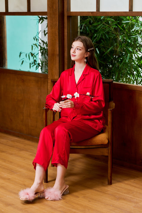 True Red Silk Pajama Set Notched Collared