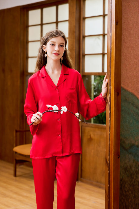 True Red Silk Pajama Set Notched Collared