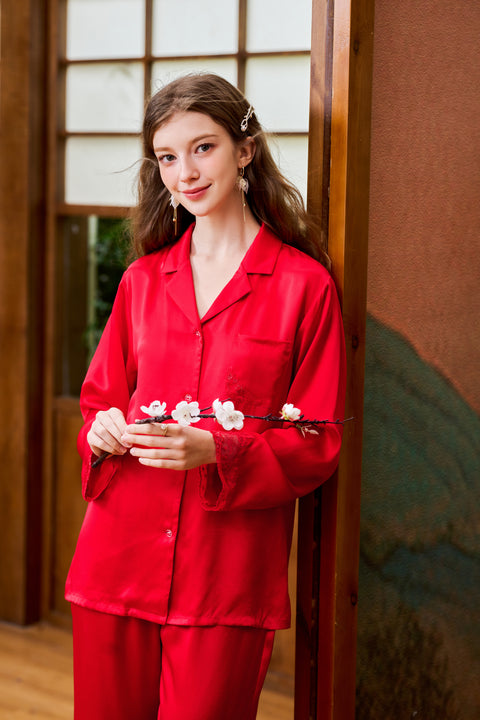 True Red Silk Pajama Set Notched Collared