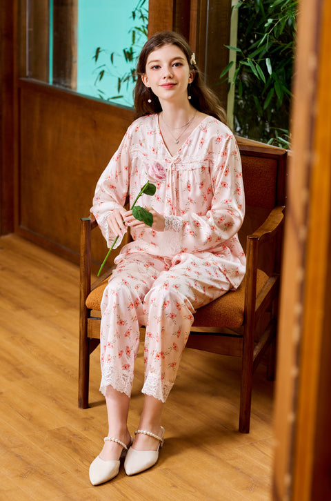 Pink Floral Silk Pajama Set V Neck Lace Sleeve Joint