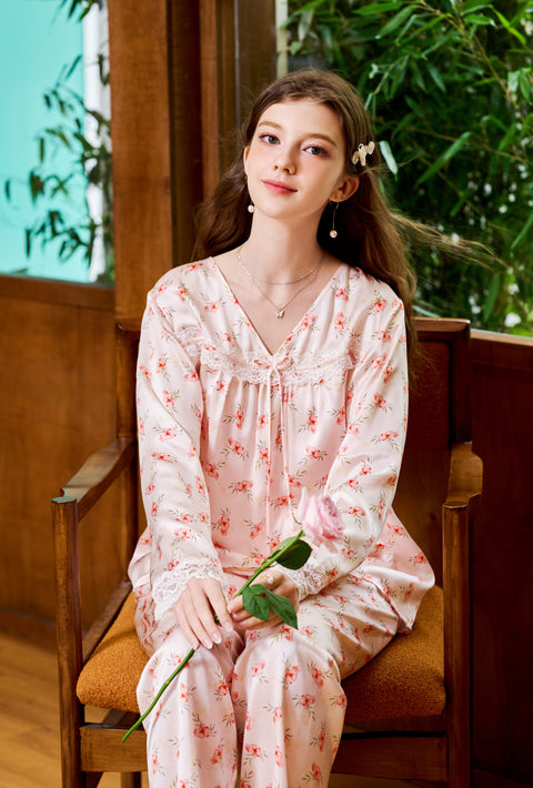 Pink Floral Silk Pajama Set V Neck Lace Sleeve Joint