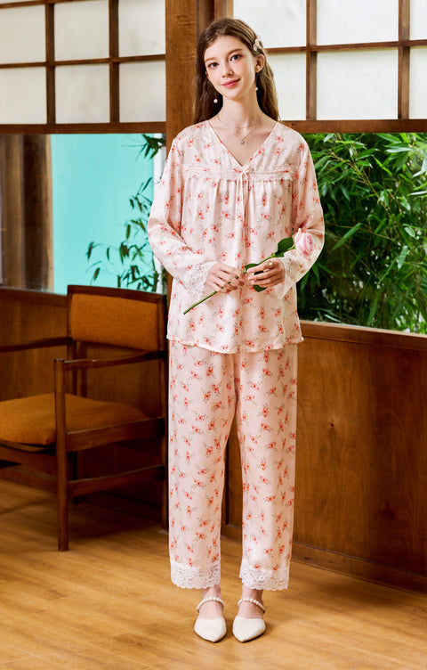 Pink Floral Silk Pajama Set V Neck Lace Sleeve Joint