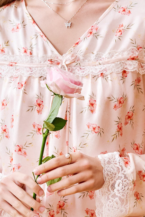 Pink Floral Silk Pajama Set V Neck Lace Sleeve Joint