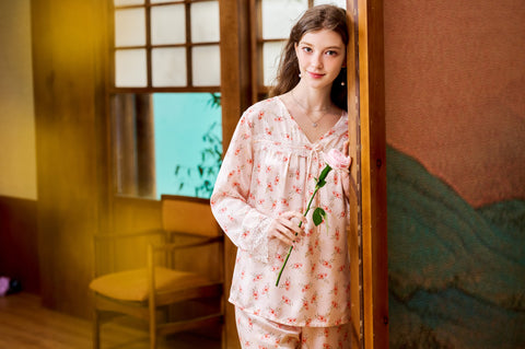 Pink Floral Silk Pajama Set V Neck Lace Sleeve Joint