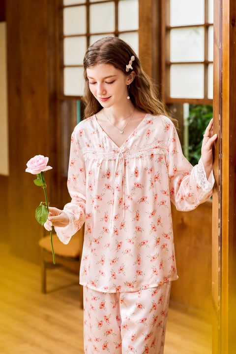 Pink Floral Silk Pajama Set V Neck Lace Sleeve Joint