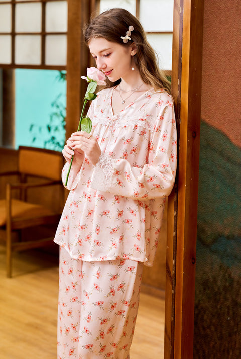 Pink Floral Silk Pajama Set V Neck Lace Sleeve Joint